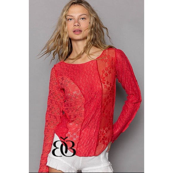 POL Tops - POL Red Lace Boat Neck Long Sleeve Top